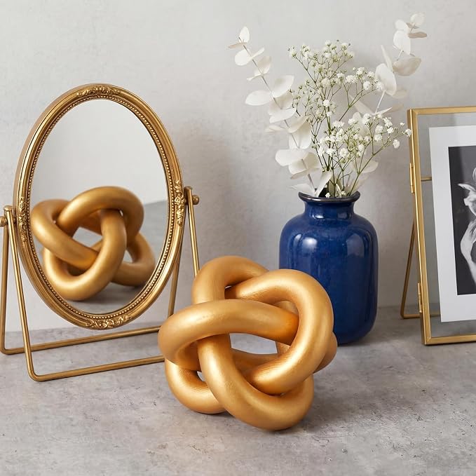 Yalikop 3 Link Wood Knot Decor Rustic Home Décor Accents Hand Carved Coffee Table Decoration, Boho Chain Link Decoration, Modern Shelf, Rustic Objects for Home Living Room Bedroom(Gold)