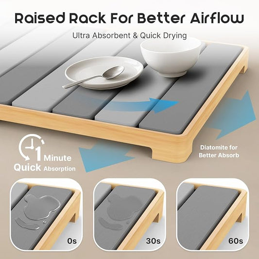 ArtyCozy Extra Large Rollable Stone Drying Mat with Foldable Bamboo Dish Drying Rack for Kitchen Counter, Super Absorbent Diatomaceous Earth and Quick Drying Rack, 27"×17", Dark and Light Grey