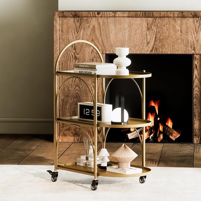 XIV Bar Cart, Metal Serving Cart for Home, Drink Cart, Rolling Beverage Cart with Lockable Wheels, Mobile Rolling Cart for Kitchen and Living Room (Gold)
