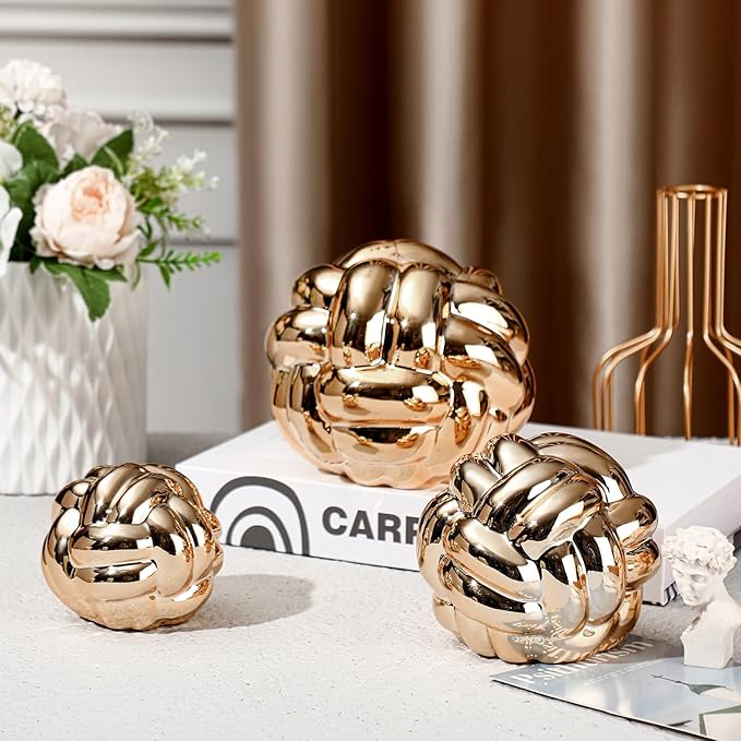 Wenqik 3 Pcs Gold Knot Decor, Link Coffee Table Bookshelf Decor Accents, Ceramic Decorative Objects, Modern Home Aesthetic Minimalist Book Shelf Decoration,3 Sizes