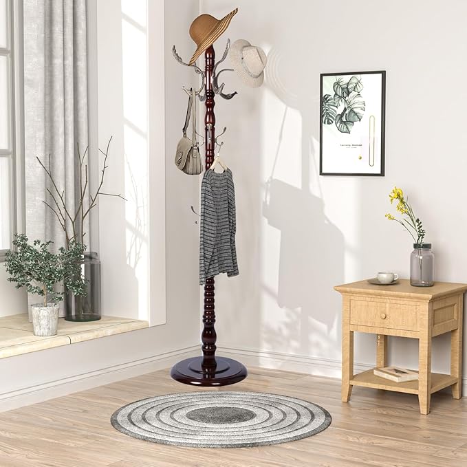 Wooden Coat rack freestanding, Coat racks stand with 14 Hook, Heavy duty coat tree standing 3 Adjustable Heights for Bedroom, Entryway, Hallway, Office,Stury Base (Metal Phoenix Hook)
