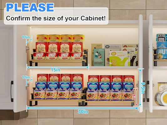 Expandable Bamboo & Iron Can Organizer, 3-Tier Adjustable Pantry Can Rack, Kitchen Cabinet Food Storage Shelf, Easy Access Canned Goods Soda Soup Can Holder, Hold Up to 30 Cans, Black