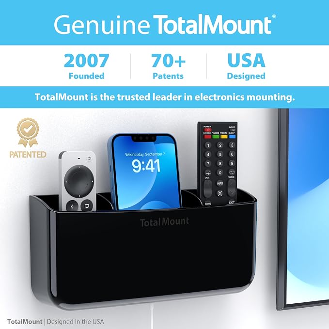 TotalMount Hole-Free Remote Holder – Eliminates Need to Drill Holes in Your Wall (Premium Black Holder for 3 or 4 Remotes)