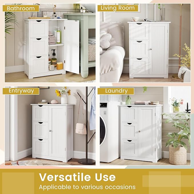Tangkula Bathroom Floor Cabinet, Freestanding Storage Cabinet with 3 Drawers & Single Door, Adjustable Shelf, Multipurpose Bathroom Storage for Home Office, 23.5 x 12 x 32 Inches (3 Drawers, White)