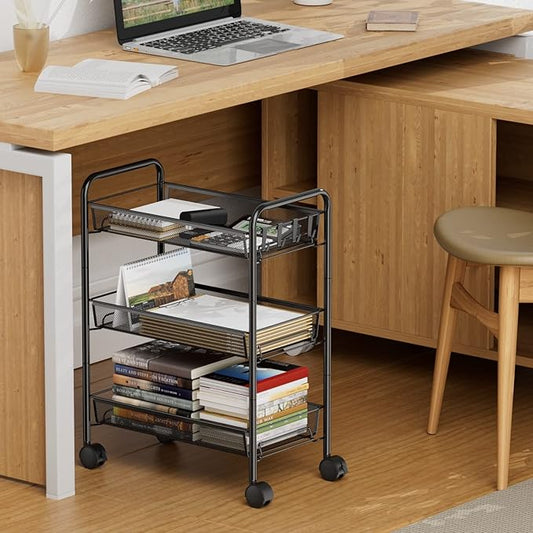 3-Tier Mesh Rolling Cart - 24.8" H Fits Under Desk Metal Cart with Wheel | Hold 35bls/Tier Small Space Storage Organizer Crafts Utility Cart for Office Pantry Bathroom Kitchen Laundry, Black