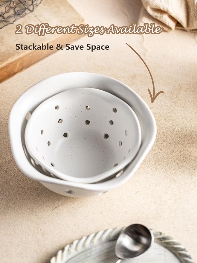 Gomakren Fruit Basket Set of 2, Ceramic Fruit Bowl Berry Basket with Holes, 7.6 Inch Fruit Containers Colander for Fridge - Farmhouse Kitchen Decor, White