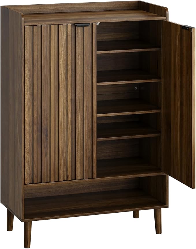 Smuxee Walnut Shoe Cabinet with Fluted Doors, 6-Tier Shoe Storage Cabinet with Adjustable Shelves, Freestanding Shoe Organizer Cabinet for Entryway, Hallway, Closet, Living Room