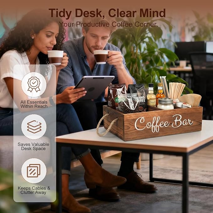 QUALLON Coffee Station Organizer with Small Removable Dividers, Wooden Coffee Bar Accessories Storage For Countertop, Farmhouse Kcup Coffee Pod Holder Basket With Handle For Coffee Lover