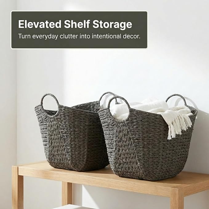 Household Essentials Paper Rope Basket with Handles, Natural Woven Woven Storage Basket, Great for Decoration or Organization