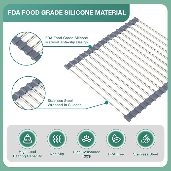 Extra Large Expandable Roll Up Dish Drying Rack,Silicone Wrapped 22.8 x 17.3 in Over The Sink Dish Drying Rack Kitchen Rolling Dish Drainer, Foldable Sink Dish Drainer for Kitchen Counter