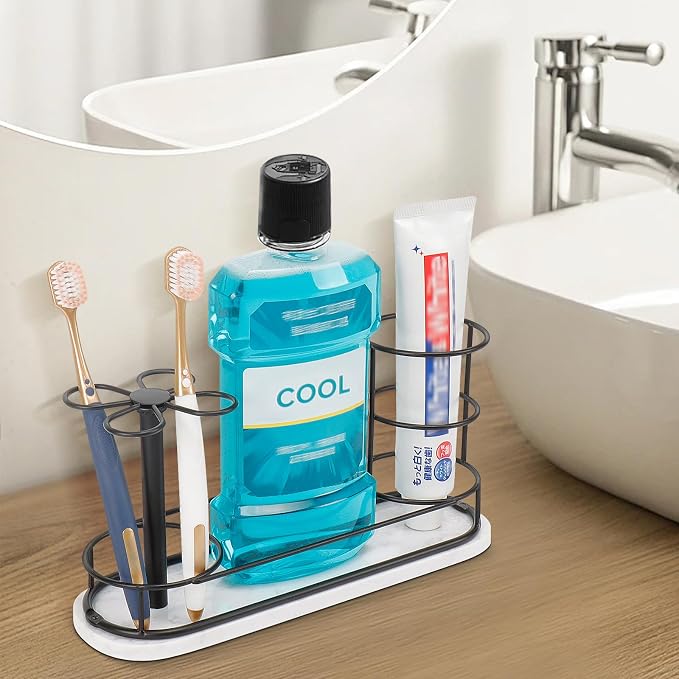 Toothbrush Holder Stand for Bathroom, Metal Toothbrush Organizer with Marble Base, Toothbrush Storage Collection for Family, Suitable for Home Hotel Countertop Vanity (Large, Matte Black)