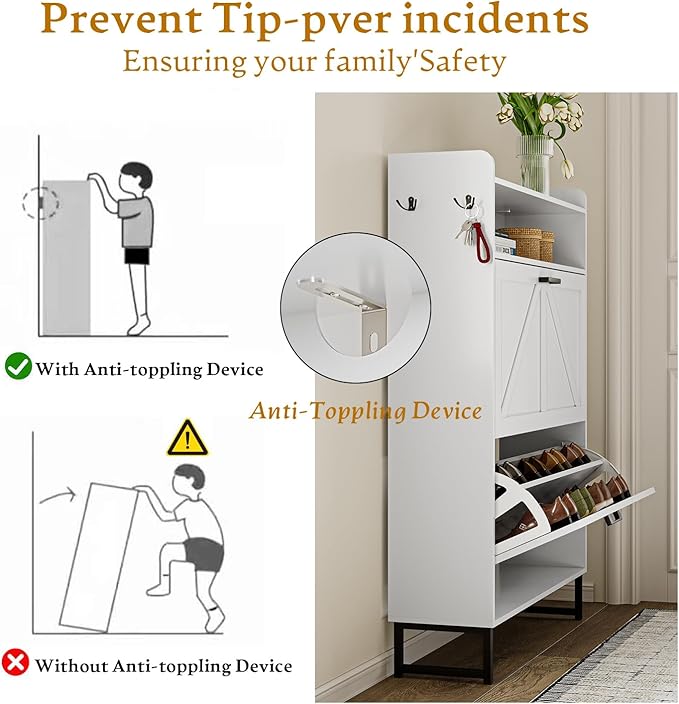 Shoe Cabinet with 2 Flip Drawers, 45" Freestanding Narrow Wood Shoe Storage Cabinet with Metal Legs and Hooks, Slim Shoe Rack Organizer for Entryway, Hallway, White