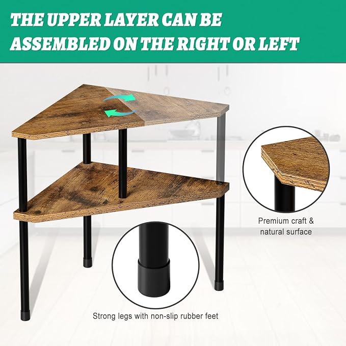 Weenson Kitchen Countertop Organizer Spice Rack for Salt, Bathroom Counter Organizer Over Sink for Toiletries, Makeup, 2-Tier Corner Counter Shelf for Coffee Area Storage Dresser Table(Rust Brown)