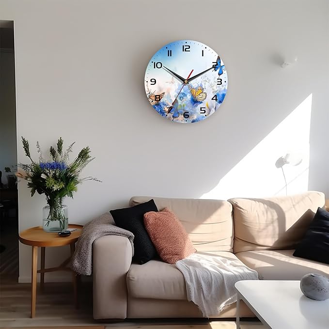 Wall Clock, 10 Inch Silent Non-Ticking Home Kitchen Decor, Battery Operated for Bathroom Bedroom Living Room Office(Butterfly Flower Daisies)