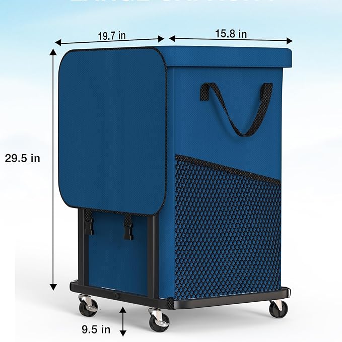40 Gal(150L) Laundry Basket with Lid, Rolling Laundry Hamper with Wheels, Dirty Clothes Hamper with Metal Frame and Removable Bag Design, Suitable for Laundry Room, Bedroom (Dark Blue, 150L)