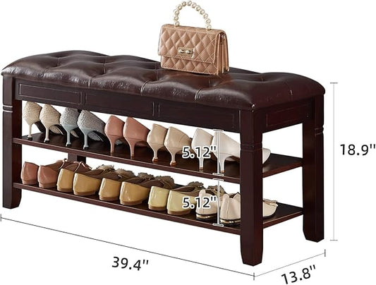 Shoe Storage Bench with Cushion, Entry Bench with Storage Solid Wood Shoe Bench Ideal for Entryway Living Room and Corridor (Brown 39.4'')