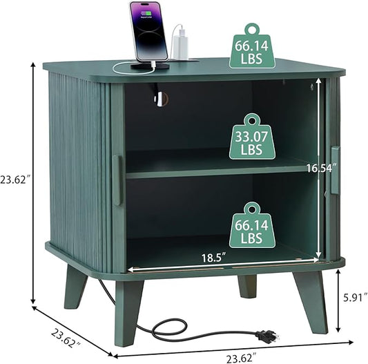24" Large Fluted End Table with Charging Station, Farmhouse Sofa Side Table with Sliding Tambour Door & Storage, Curved Rustic Wood Nightstand for Living Room, Bedroom, Green