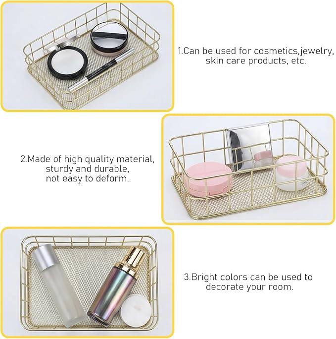 Gold Basket Set with 2 Pen Holders - 4Pcs Metal Mesh Desktop Organizer for Office, Bathroom, Vanity & Home Decor, Storage Solution for Stationery, Makeup, Files (Large & Small Sizes)