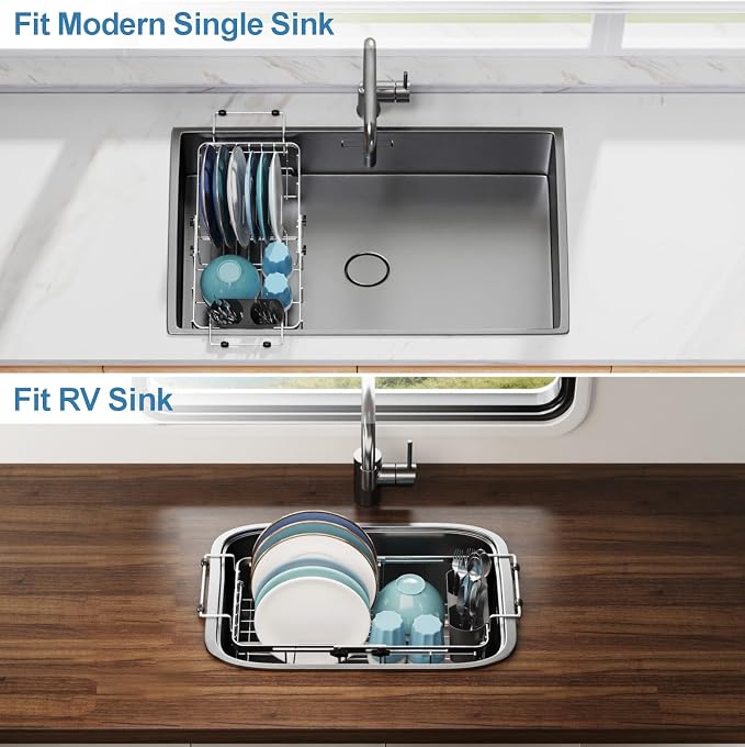 GSlife Small Over the Sink Dish Drying Rack - 9" W Expandable Stainless Steel Compact Dish Drainer for RV, Apartment, Camper, Kitchen, Dish Strainer with Lock Knob, Silver