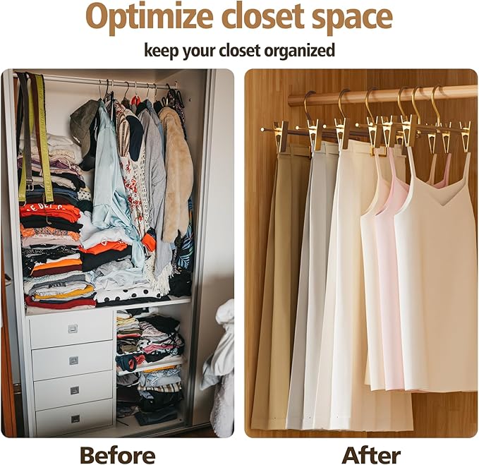 Matte Gold Aluminum Pants Hangers with 360°Swivel Hooks & Non-Slip Adjustable Clips, Lightweight, Durable, Space-Saving Closet Organizer for Trousers, Skirts, Jeans, Scarf, Kids&Adults, 10 Pack