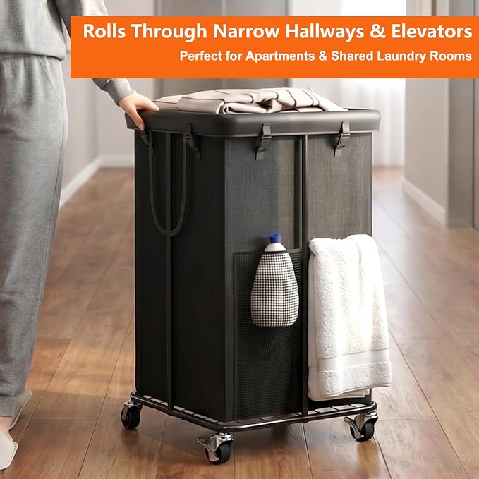 Rolling Laundry Hamper with Wheels – 150L Laundry Basket with Removable Bag & Sturdy Metal Frame, Large Tall Dirty Clothes Hampers for Bedroom, Laundry Room, Apartment, Dorm – Black