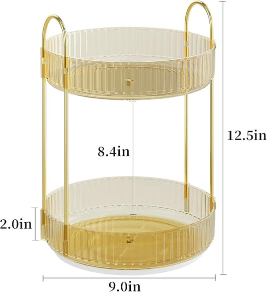 Rotating Makeup Organizer Countertop,Skincare Organizers,Spinning Perfume Tray Stand,Makeup Storage Organizer for Vanity,Bathroom Organizer and Storage,Lazy Susan,2 Tier,Gold