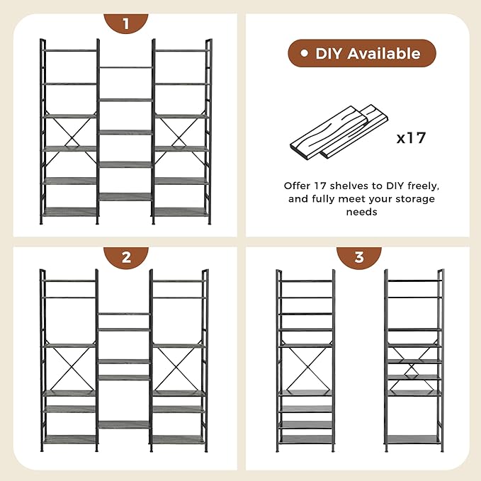 SUPERJARE Triple Bookshelf, Bookcase with 11 Open Display Shelves, Wide Book Shelf Book Case for Home & Office, 6 Tier, Grey