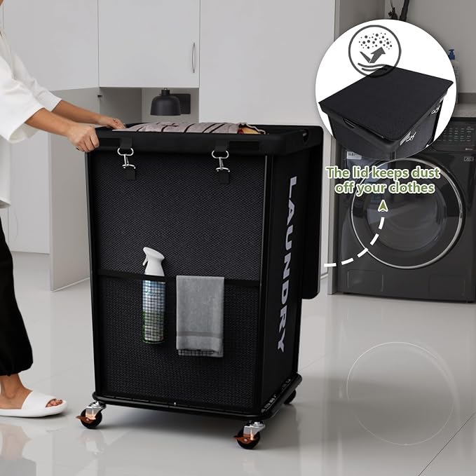 150L Laundry Basket with Lid and Wheels, Rolling Laundry Hamper with Cloth Cover, Laundry Cart with Metal Frame & Removable Bag, Large Dirty Clothes Hampers for Bedroom, Laundry Room Bathroom, Black