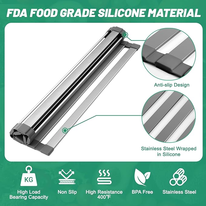 21.6" X 13" Roll Up Dish Drying Rack,Over The Sink Drying Rack 304 Stainless Steel Foldable Heat-Resistant Dishes Drainer for Kitchen and RV Sink Counter
