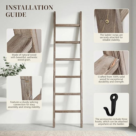 Wooden Blanket Ladder - Natural & Motley Wood - Leaning Wall Decor for Bedroom, Bathroom, Living Room - Rustic Quilt Holder & Towel Rack (Burnt Brown, 76in(6-Tier))