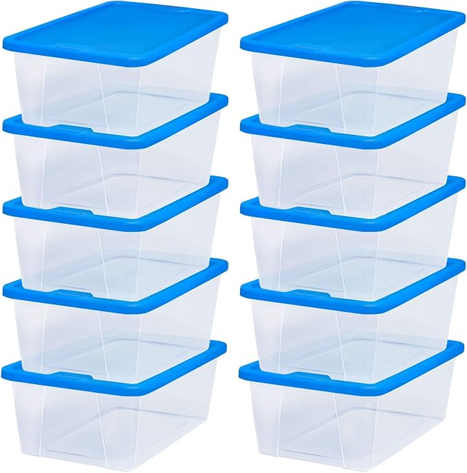 HOMZ 10-Pack Snaplock, Small Clear Plastic Storage Organizer Bins w/Lids, 6 Quart, Blue - Stackable Container Boxes for Bedroom, Bathroom, Garage, and Office Organization