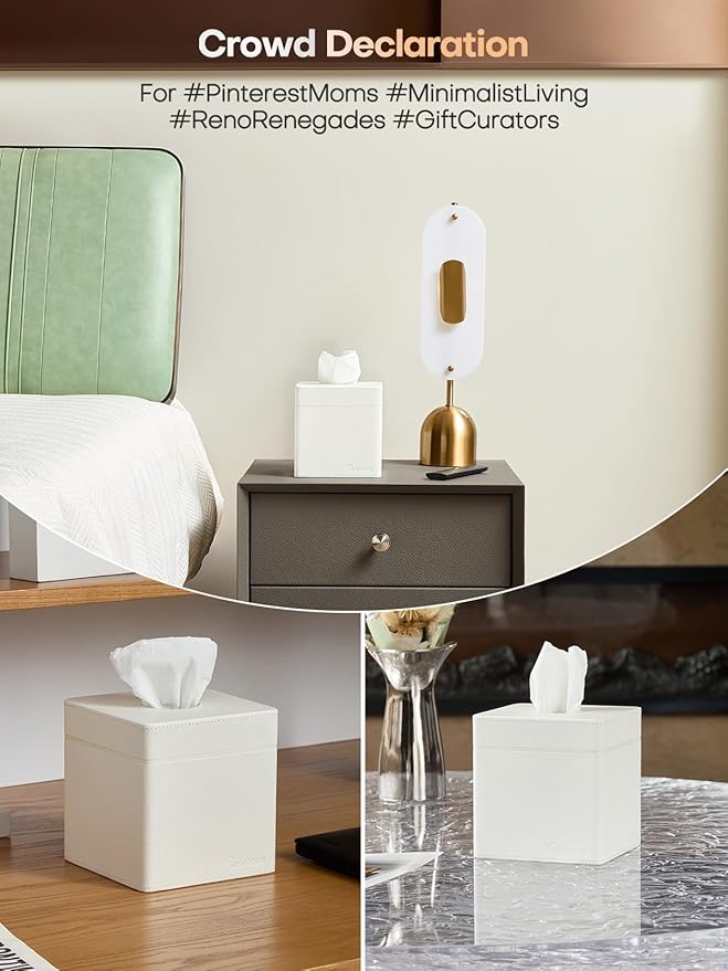 Cloudever Tissue Box Holder Cover, Modern PU Leather Square Decorative Tissue Holder Organizer-Woven New Off White