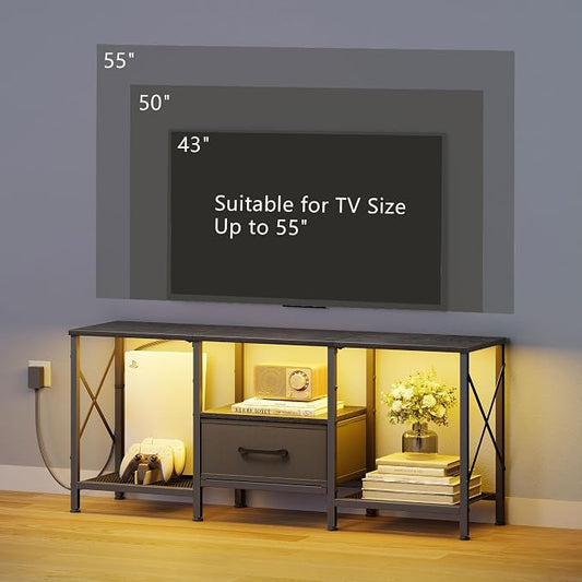 JARHETUN LED TV Stand with Fabric Drawer, Entertainment Center for 50 55 Inch TV, Industrial TV Console Table with Open Storage Shelves for Living Room, Bedroom, Black