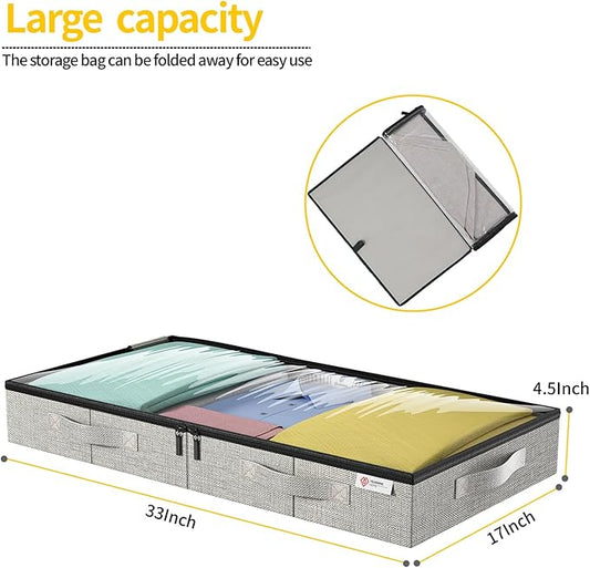 4.5 Inches Under Bed Storage Containers with Sturdy Sidewalls/Bottom and Reinforced Handles,Low Profile Underbed Storage for Clothes,Shoes,Pillows and Blankets with Zips and Clear Windows,2 Pack