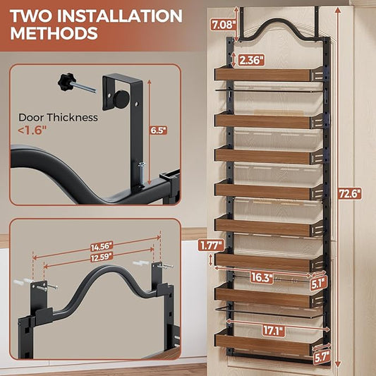 8-Tier Pantry Door Organizer, Over the Door Pantry Organizer with Wooden Adjustable Baskets, 2 IN 1 Spice Rack Wall Mount or Door Organizer, Door Spice Rack for Pantry(72.6×17.1×5.1in,Black)