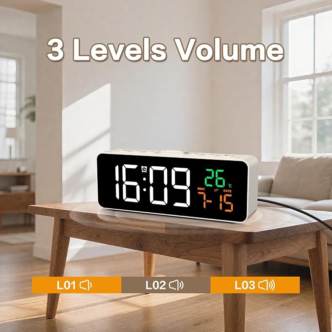 Netzu 3-in-1 Small Digital Clocks for Living Room with Temperature, Date & Time Display - 4 Levels Birghtness, 3 Volumes, Compact Plug-in Alarm Clock for Bedroom, Office (White)