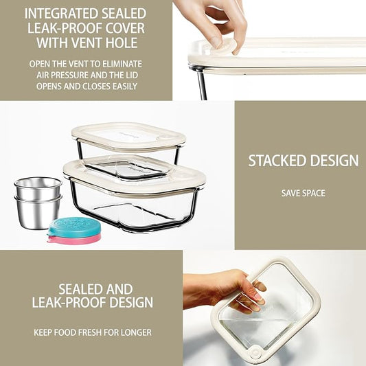 Glass Food Storage Containers with Silicone Glass Lids, Stainless Steel Salad Dressing Containers, LeakProof Food Containers Set, 4-pack 12-21-35-50 oz(White)