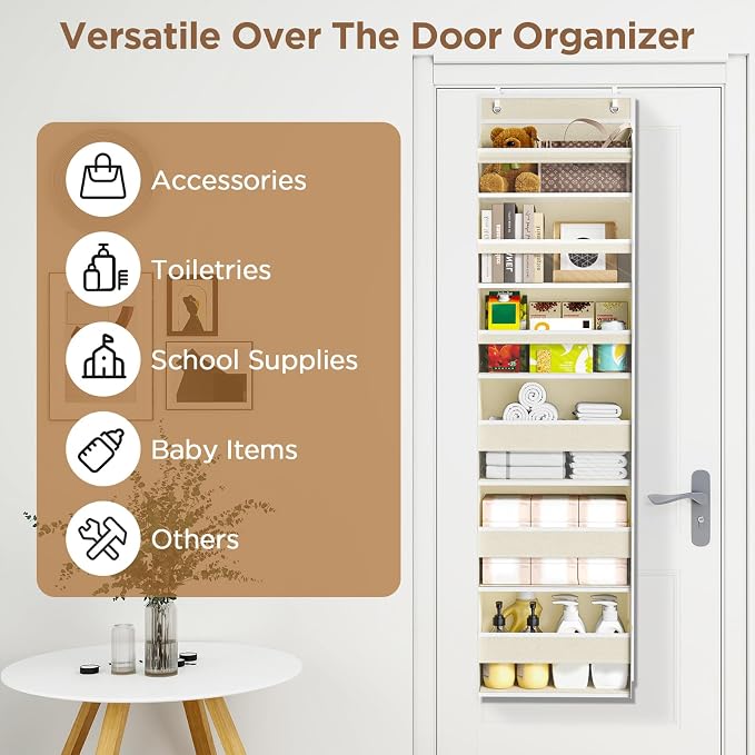 Mefirt 6 Tiers Over The Door Organizer, Heavy Duty Hanging Organizer Storage with Large Capacity Pockets, Behind Door Storage Hanging Shelves for Closet Wall Bathroom Bedroom Nursery Pantry, 1 Beige