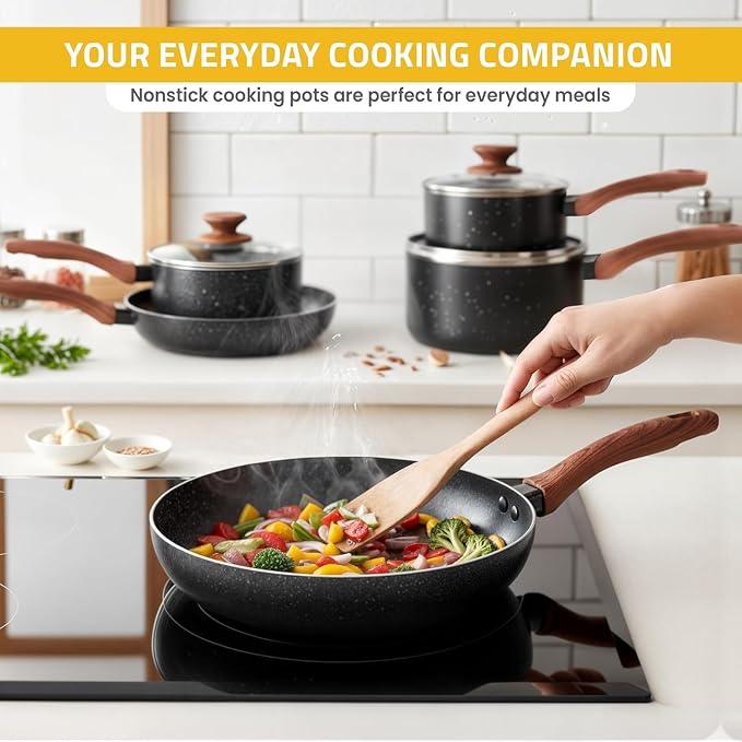 KICHLY Granite Pots and Pans Set Non Stick 8 Piece Cookware Set, Induction Frying Pans, Saucepan with Lids, Induction Compatible Cookware, PFOA-Free Non-Stick Cooking Set, Black
