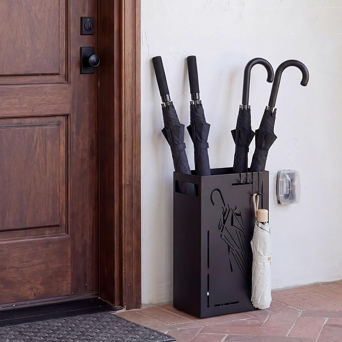 Goplus Metal Umbrella Holder, Rectangular Indoor Umbrella Stand Freestanding w/Removable Drip Tray, 4 Hanging Hooks, Heavy-Duty Umbrella Holders for Entryway, Home Office, 11 x 5 x 16 Inch, Black
