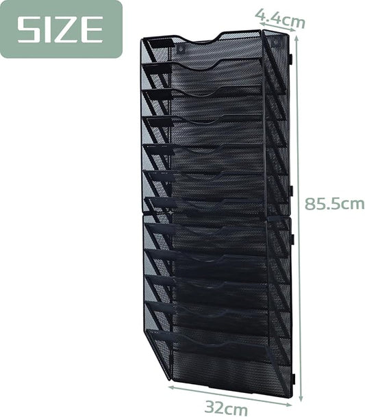 12 Tier Mesh Hanging File Organizer Vertical Wall File Organizer Wall File Holder for Office School Home, Black