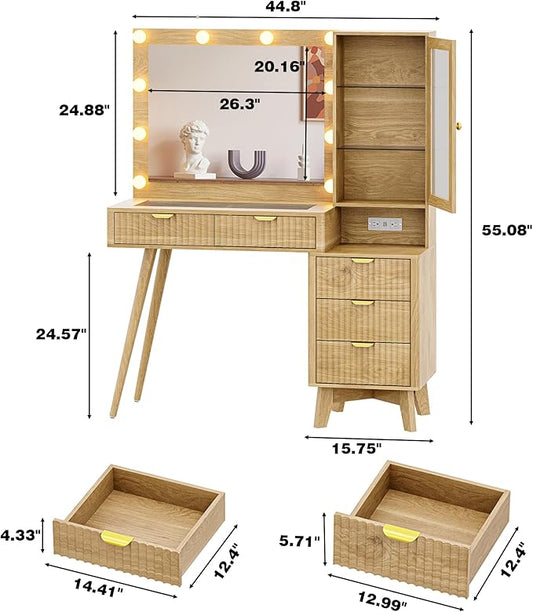Vanity Desk with Mirror and Lights, 45" Fluted Makeup Vanity Desk with Lights &5 Drawers, Glass Top Vanitys with Lighted Mirror and RGB Cabinet, Dressing Table with Power Outlet for Bedroom, Oak