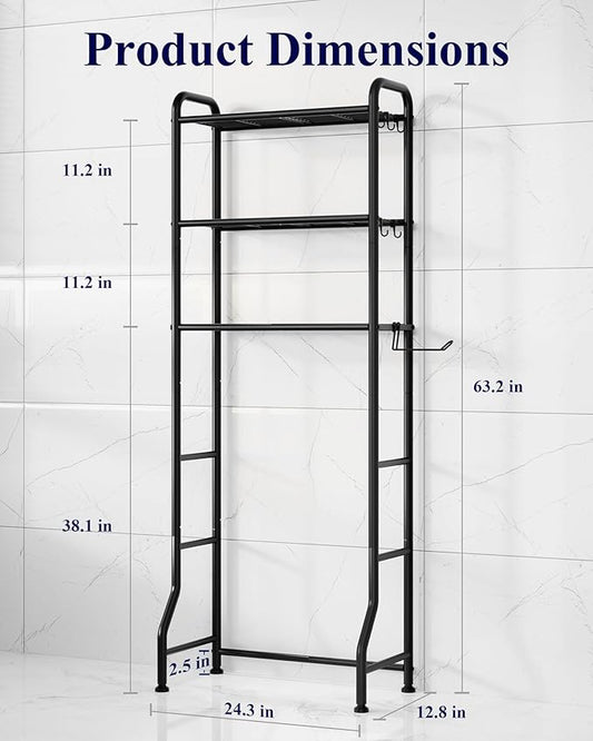 Kitsure Over Toilet Storage Rack - Metal Over Toilet Bathroom Organizer Shelf, Over the Toilet Storage Cabinet with Paper Holder and Hooks, Bathroom Cabinet for Laundry, Black, 3 Tiers (63.2" H)