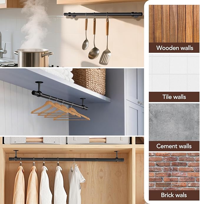 Closet Rod, Closet Rods for Hanging Clothes, 17 to 52 inch Adjustable Ceiling/Wall mounted Closet Hanging Rod, Heavy Duty Clothes Rod Clothing Bar, Closet Poles for Hanging Clothes for Wardrobe