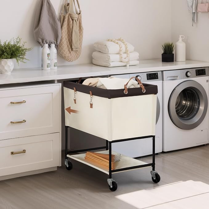 StorageWorks Laundry Cart, 2 Tier Rolling Laundry Basket, Heavy Duty Laundry Basket with Lockable Wheels, Laundry Room Organization and Storage, Clothes Hamper for Bedroom, Dorm, Closet, 46Gal, Beige