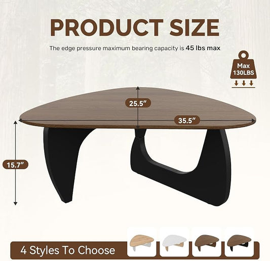 Modern Wood Coffee Table, Triangle Center Table with Premium Wooden Top& Unique Base, 35.5” Small Mid Century Tea Tables for Living Room, Apartment, Office,Walnut & Black