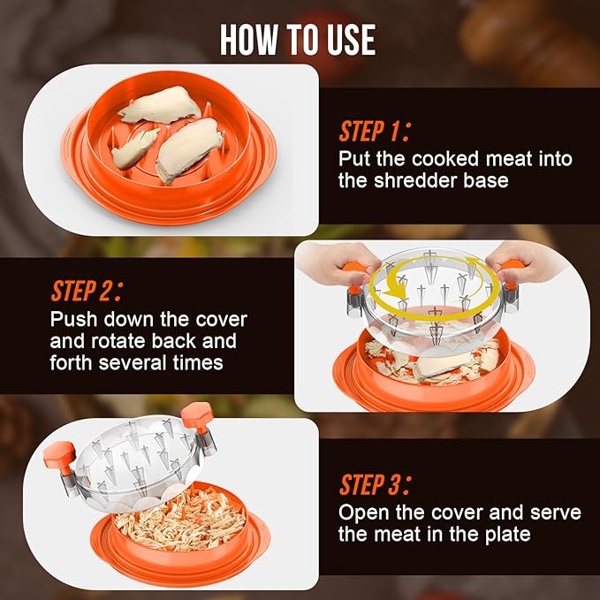 SoulLife Chicken Shredder Tool Twist 8 Inches, BPA free, Dishwasher safe, Meat Shredder, with Clear Lid, Ergonomic Handle, Strong Anti-slip, Easy To Clean, Suitable for Pork Beef Chicken (Orange)