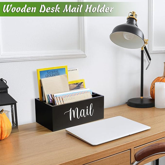 DRASTAR Mail Organizer Countertop, Wooden Mail Holder with 3 Slots, Desktop Mail Organizer, Black Mail Sorter for Home Office Accessories