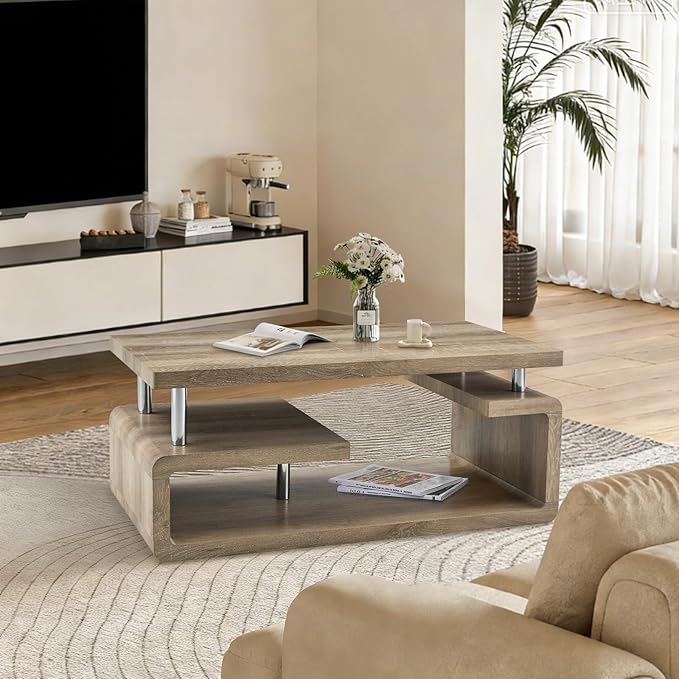 43.5" Coffee Table, 3-Tier Modern Center Table with Storage, Large Wood Coffee Table for Living Room, Office, Apartment (Retro Wood Grain)