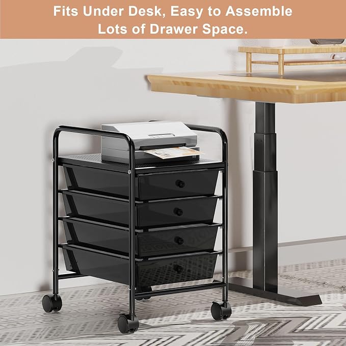 4-Tier Utility Cart with 4 Drawers, Rolling Utility Cart with 2 Lockable Caster Wheels, Multipurpose Mobile Rolling Drawer Cart for Office Bathroom Kitchen, Transparent Black